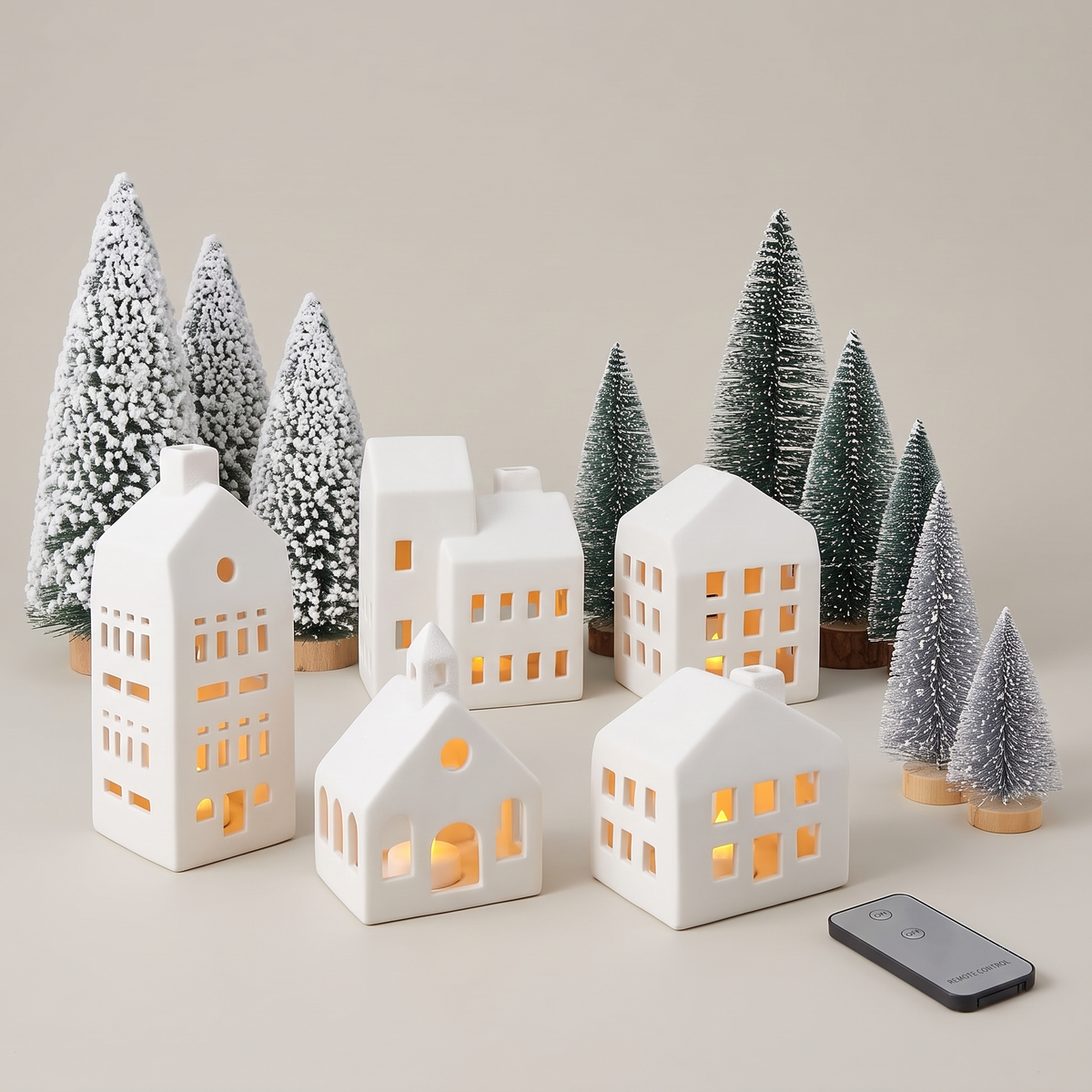 Village de Noël en céramique lumineux, 5 maisons blanches et 9 sapins avec télécommande