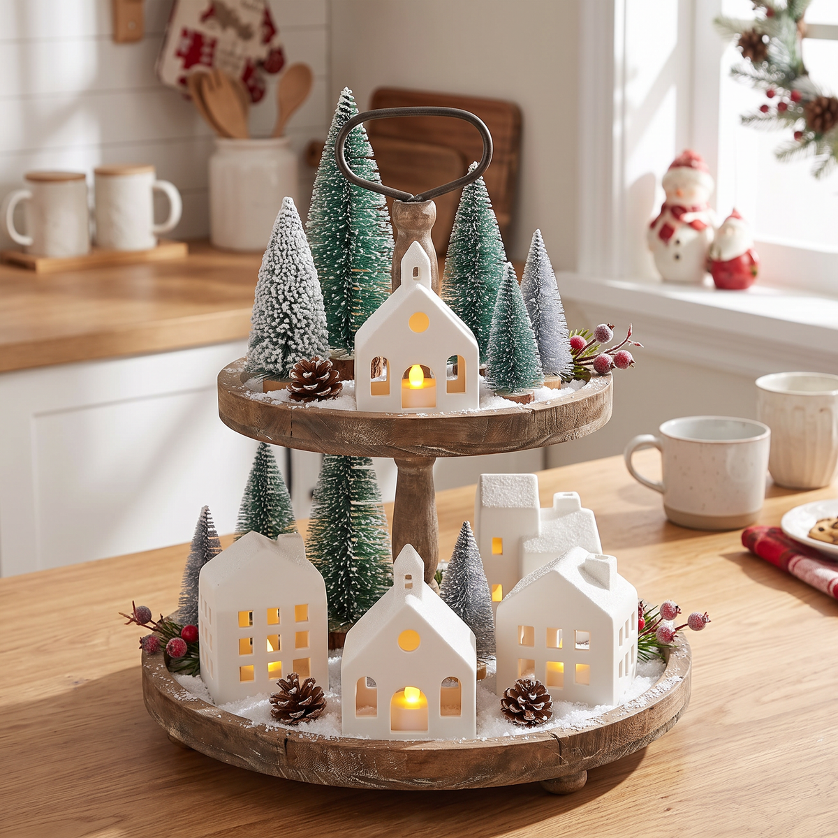 Village de Noël en céramique lumineux, 5 maisons blanches et 9 sapins avec télécommande