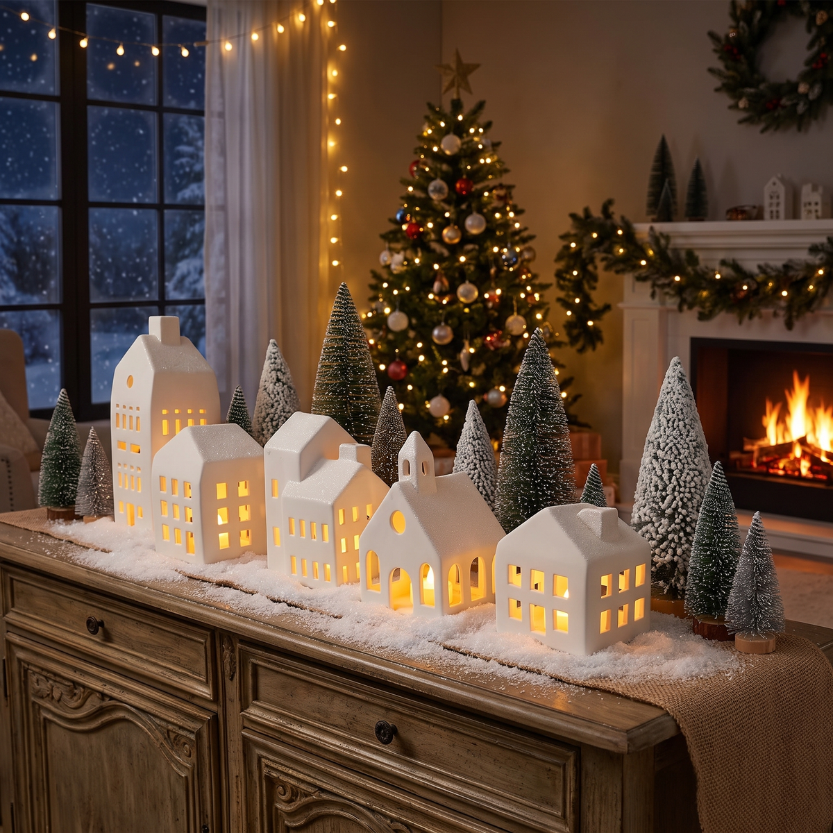 Village de Noël en céramique lumineux, 5 maisons blanches et 9 sapins avec télécommande