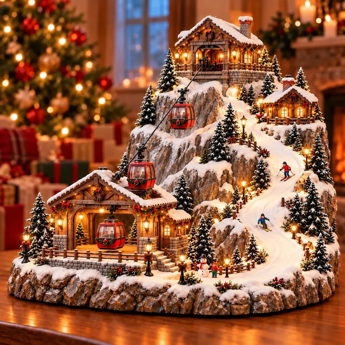 Village de Noël montagne avec téléphérique et piste de ski animés, scène d’hiver lumineuse