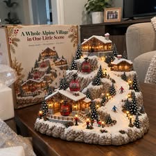 Village de Noël montagne avec téléphérique et piste de ski animés, scène d’hiver lumineuse