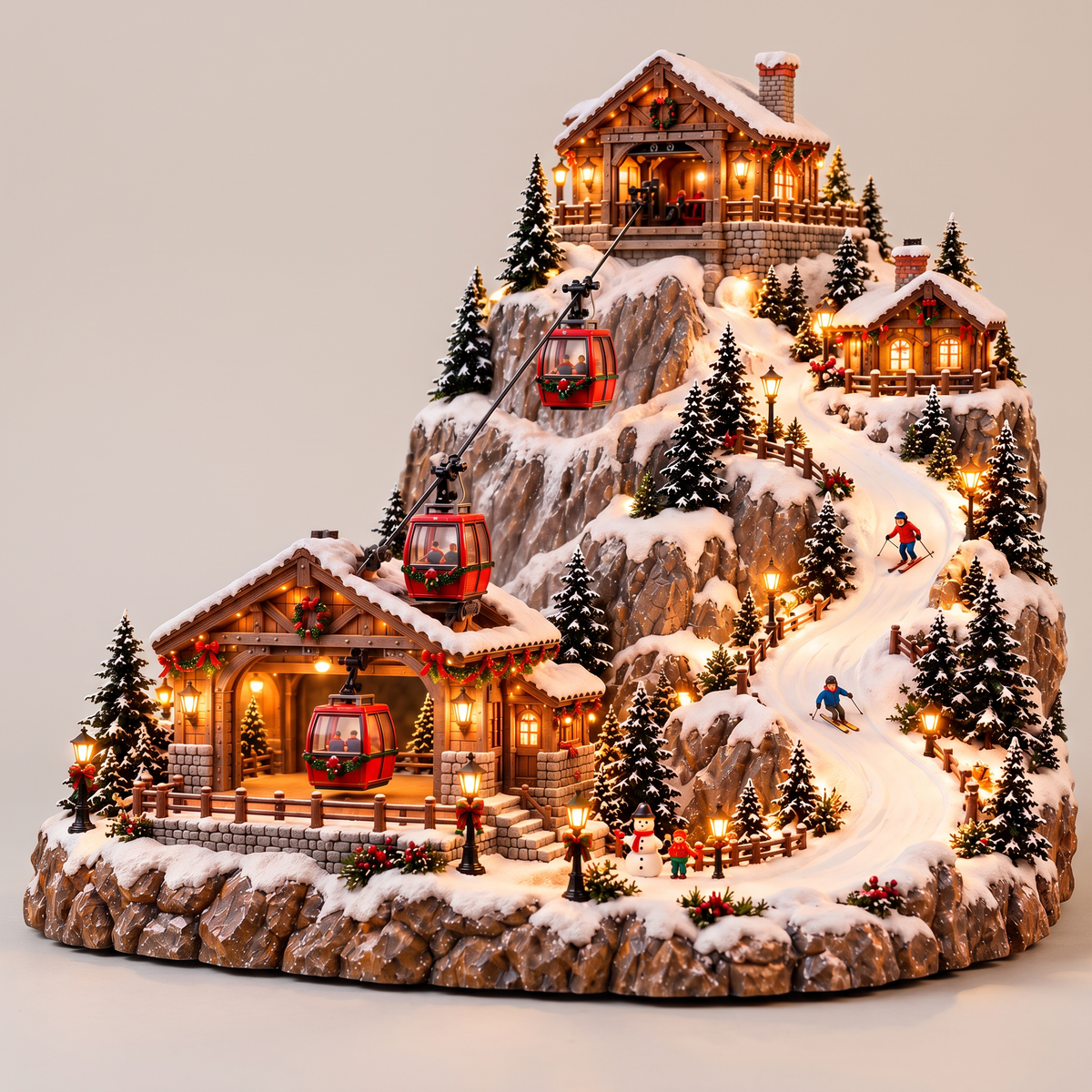 Village de Noël montagne avec téléphérique et piste de ski animés, scène d’hiver lumineuse