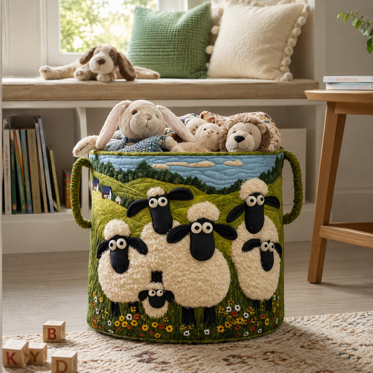 Panier de Rangement Matelassé Coton Écru 46 × 38 cm – Grande Capacité, Poignées Renforcées, Motif Appliqué
