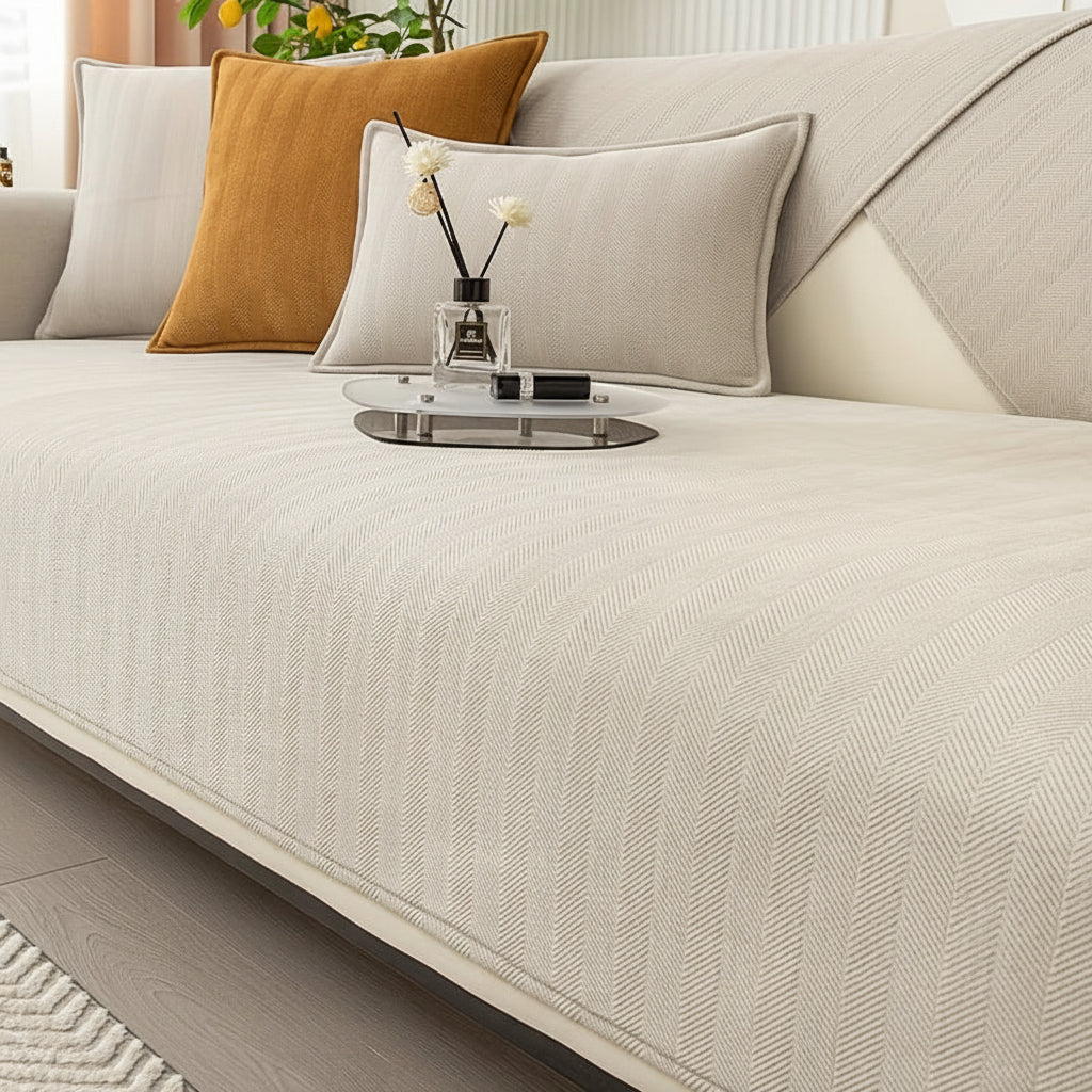 Housse de Canapé Chenille Beige – Extensible, Antidérapante, Lavable
