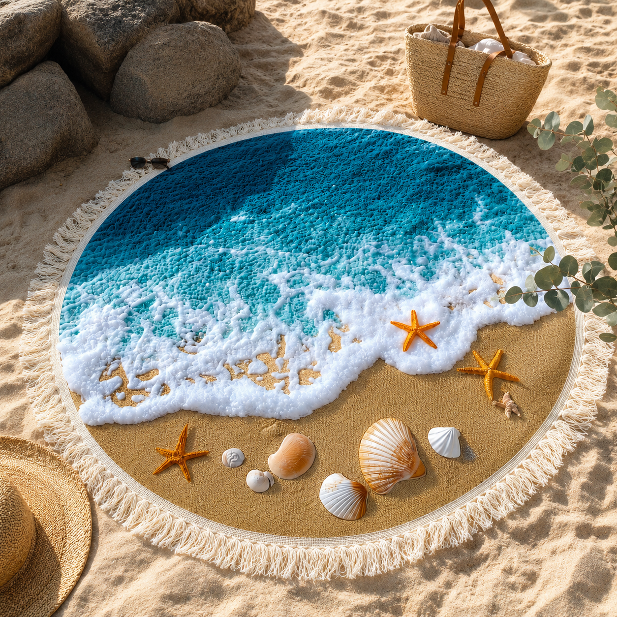 Serviette de Plage Ronde en Éponge Bleu Ø150 cm – Séchage Rapide, Forme Ronde, Multiusage