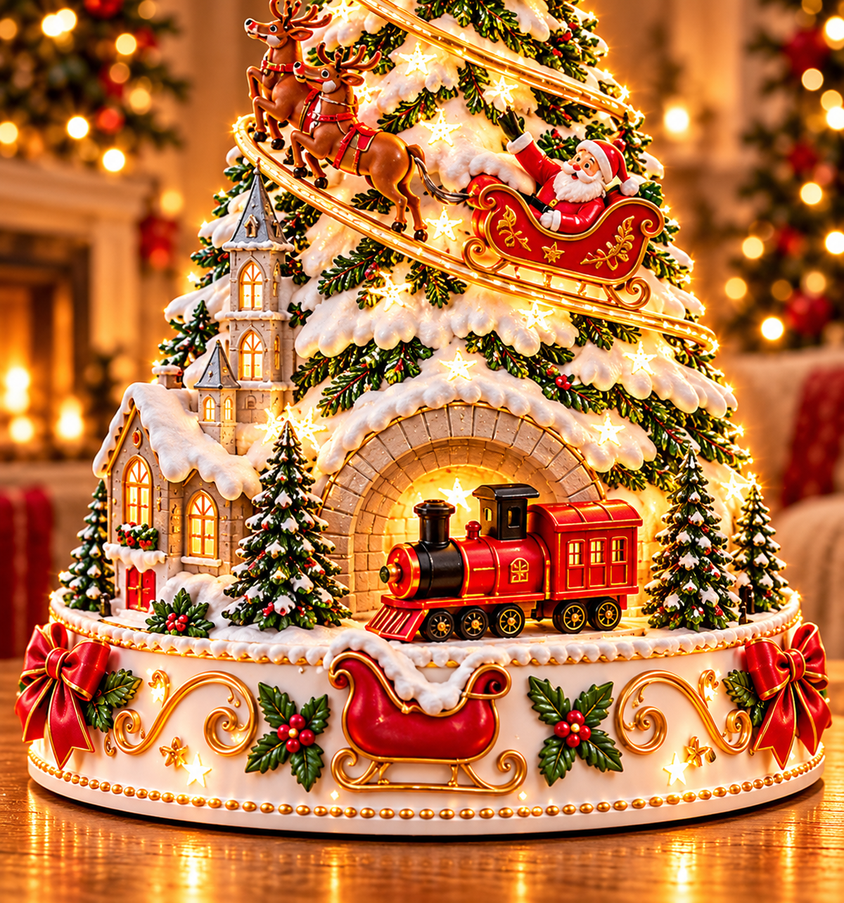 Village de Noël avec train en mouvement et patinoire – Décoration hivernale lumineuse avec LED