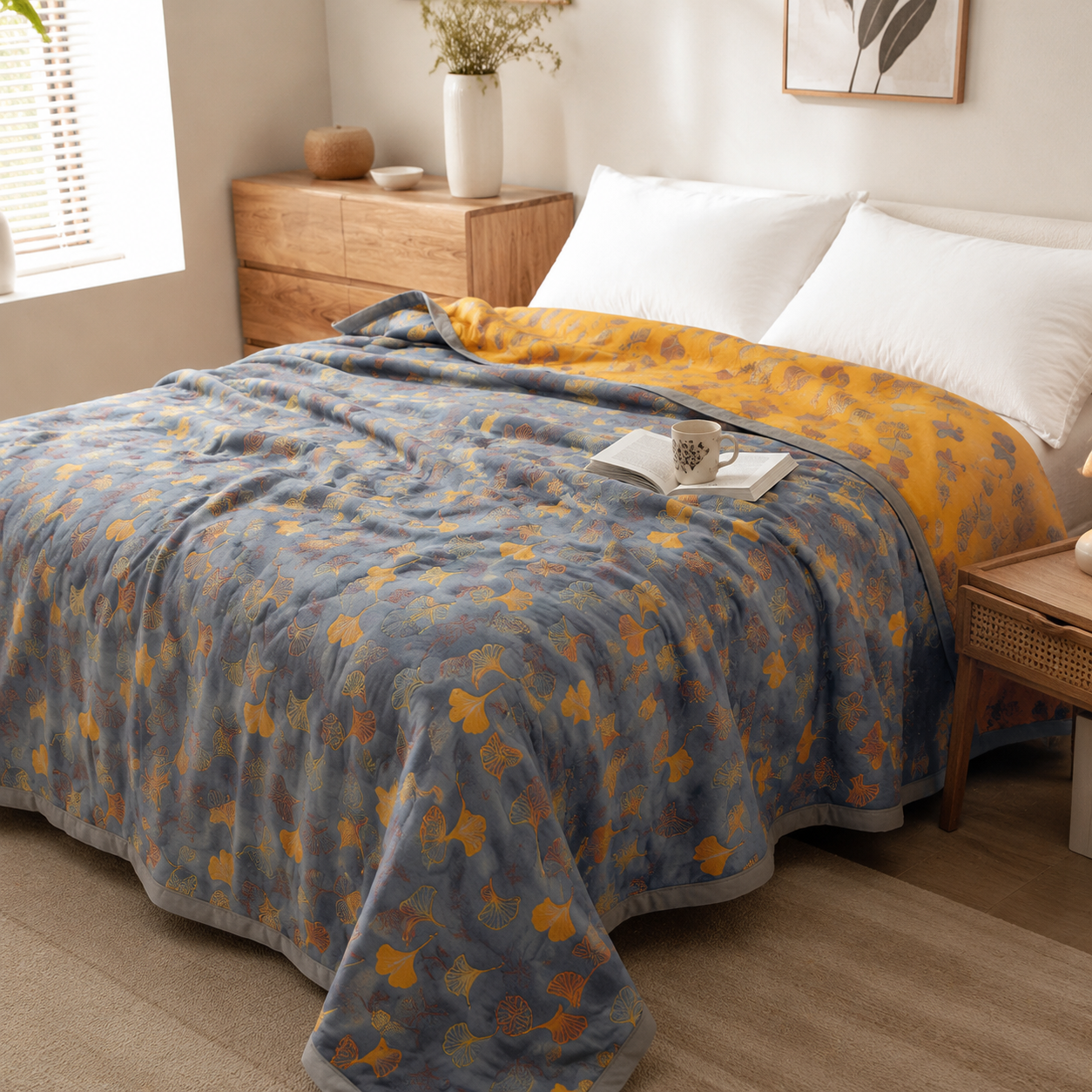 Couette Réversible Motif Feuilles de Ginkgo Jaune et Bleu