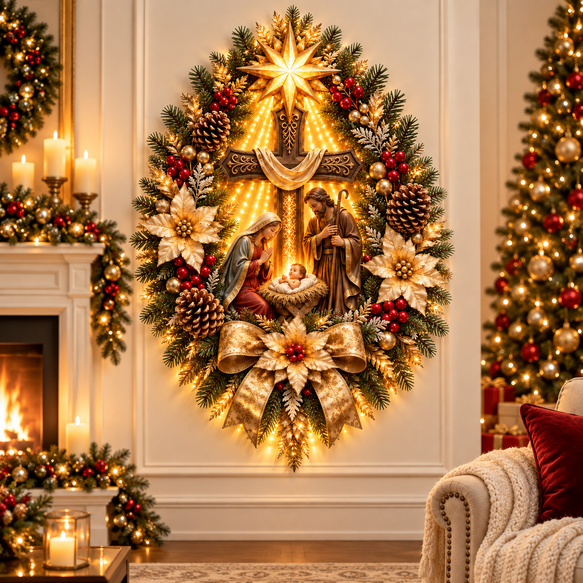Étoile de Bethléem avec Croix et Nativité LED – Décoration Murale de Noël