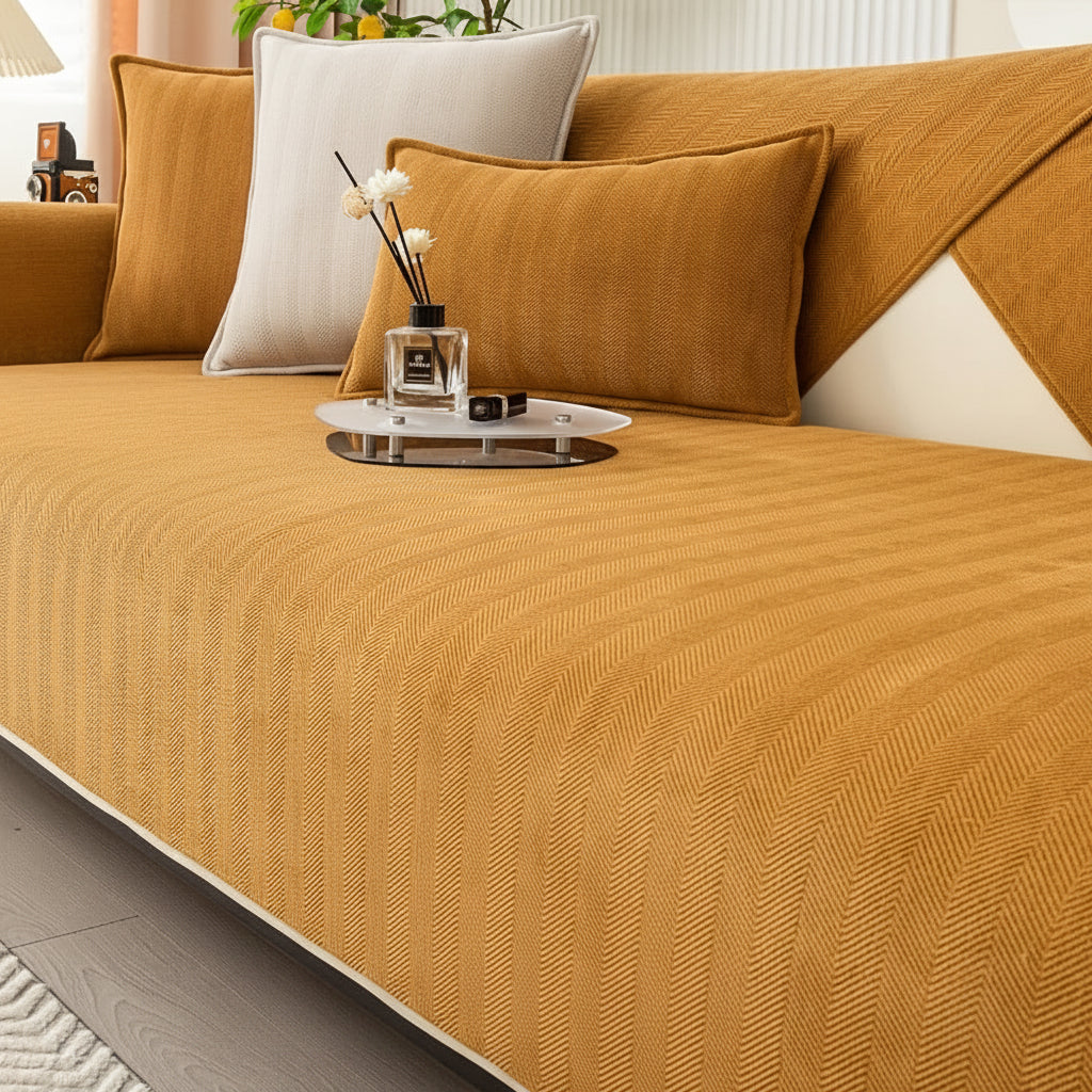 Housse de Canapé Chenille Beige – Extensible, Antidérapante, Lavable