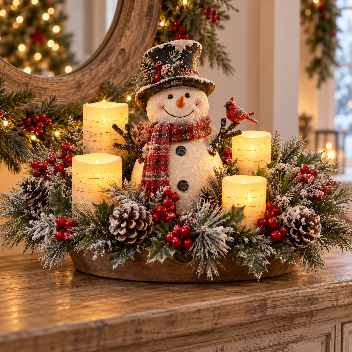 Décoration de Noël Lumineuse avec Bougie LED et Feuillage
