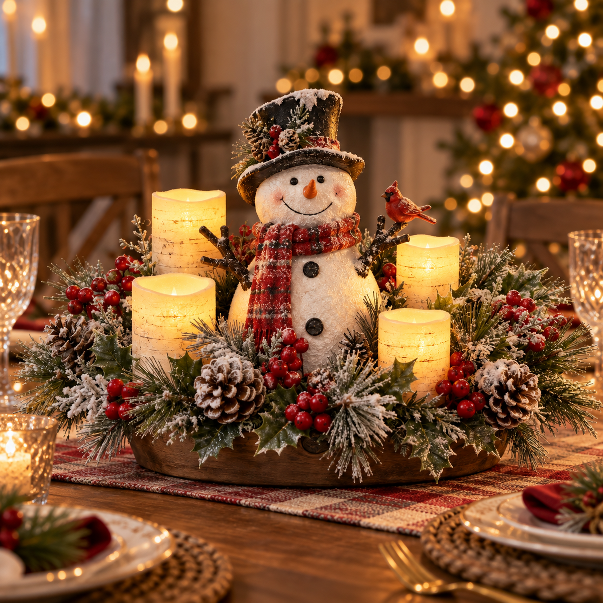 Décoration de Noël Lumineuse avec Bougie LED et Feuillage