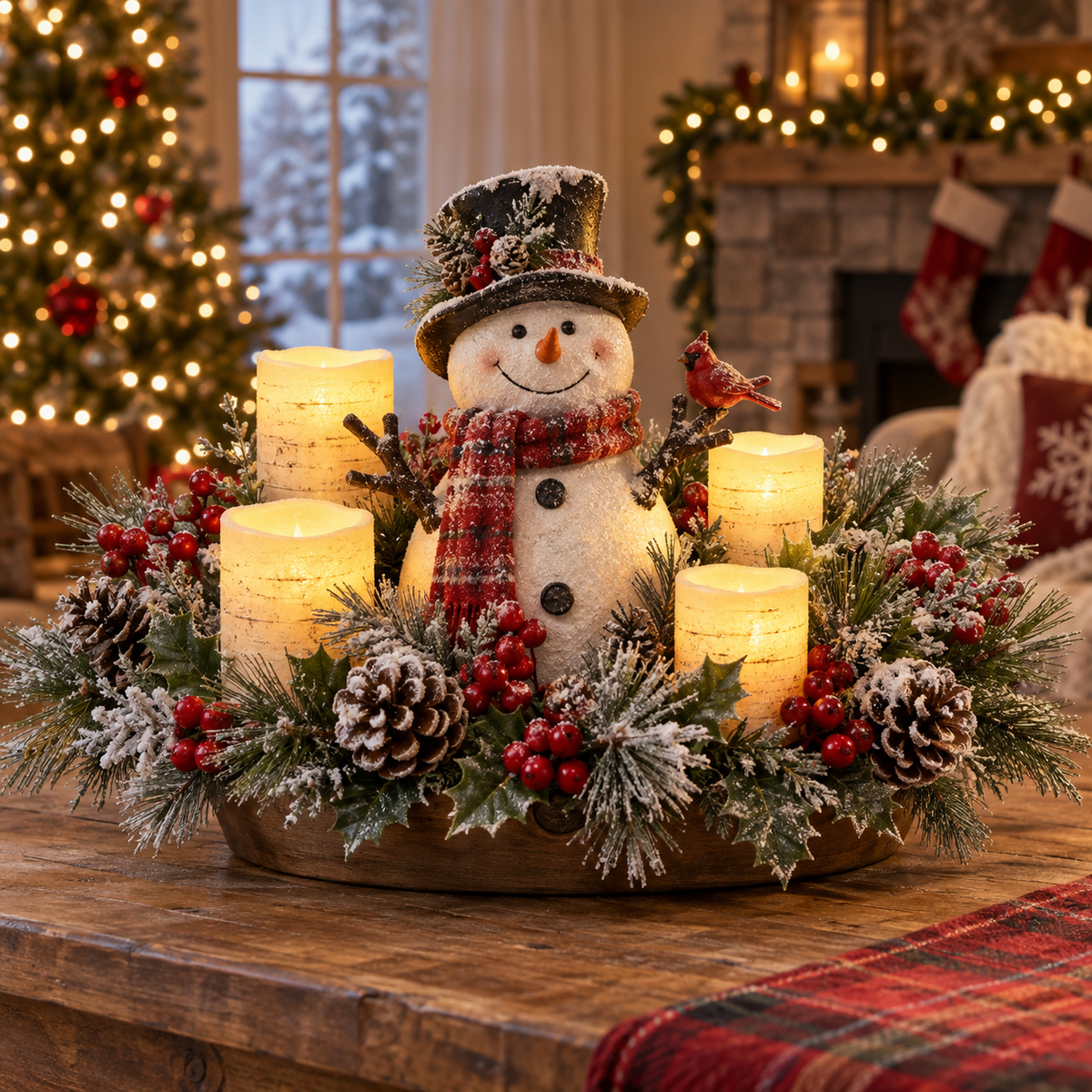 Décoration de Noël Lumineuse avec Bougie LED et Feuillage