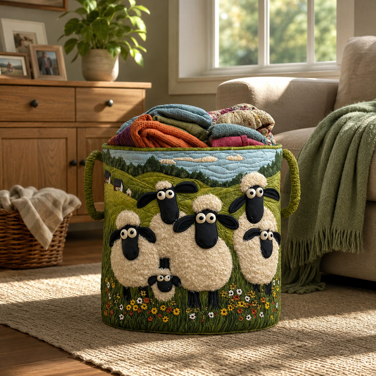 Panier de Rangement Matelassé Coton Écru 46 × 38 cm – Grande Capacité, Poignées Renforcées, Motif Appliqué