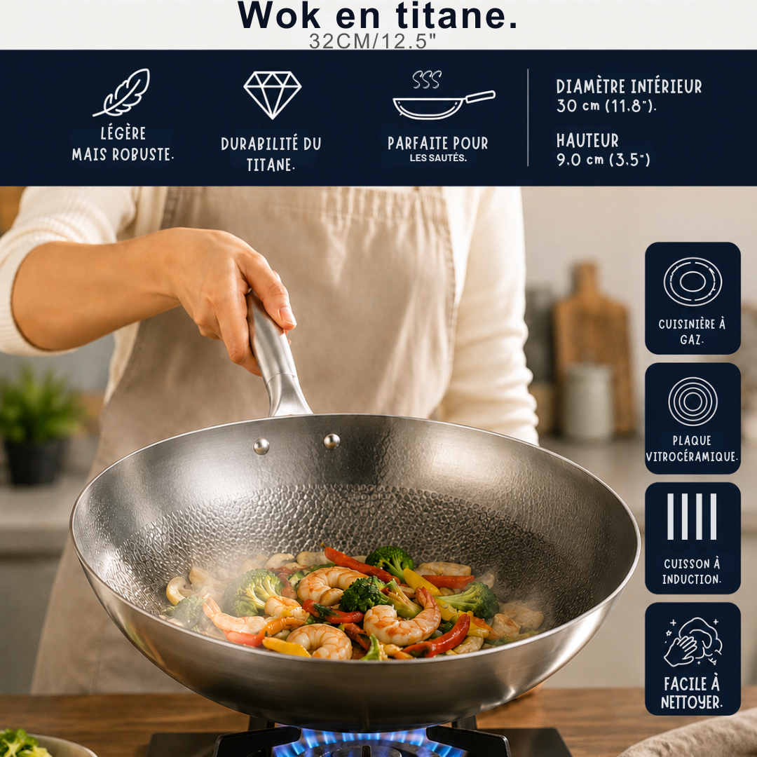 Poêle Wok Titane 32cm – Antiadhésive, Cuisson Saine sans Matière Grasse