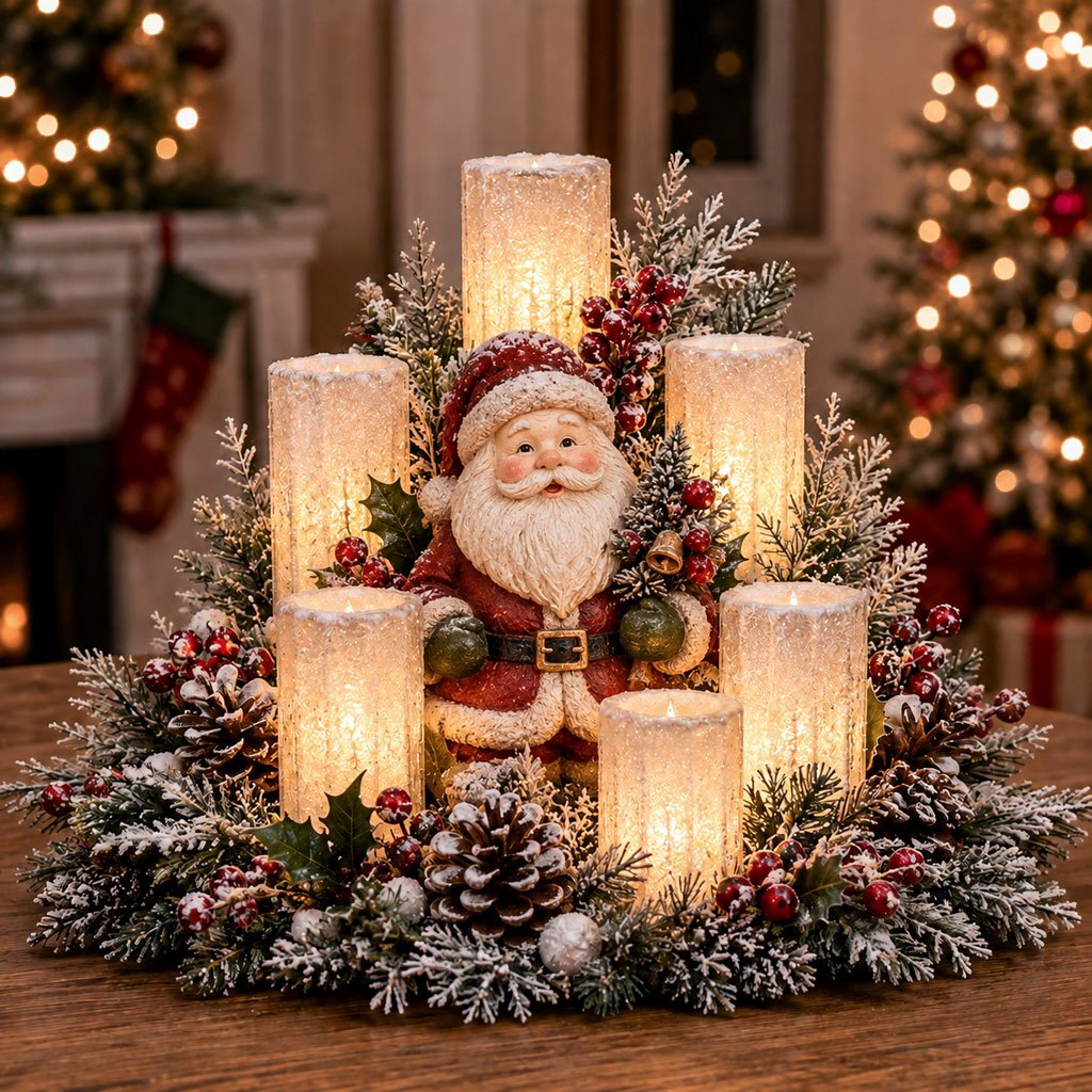 Décoration de Noël Lumineuse avec Bougie LED et Feuillage