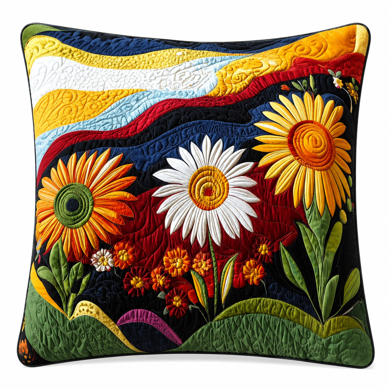 Taie d'Oreiller Matelassée Coton-Polyester Blanche 56 × 56 cm – Fermeture Enveloppe, Lavable, Motif Tournesol