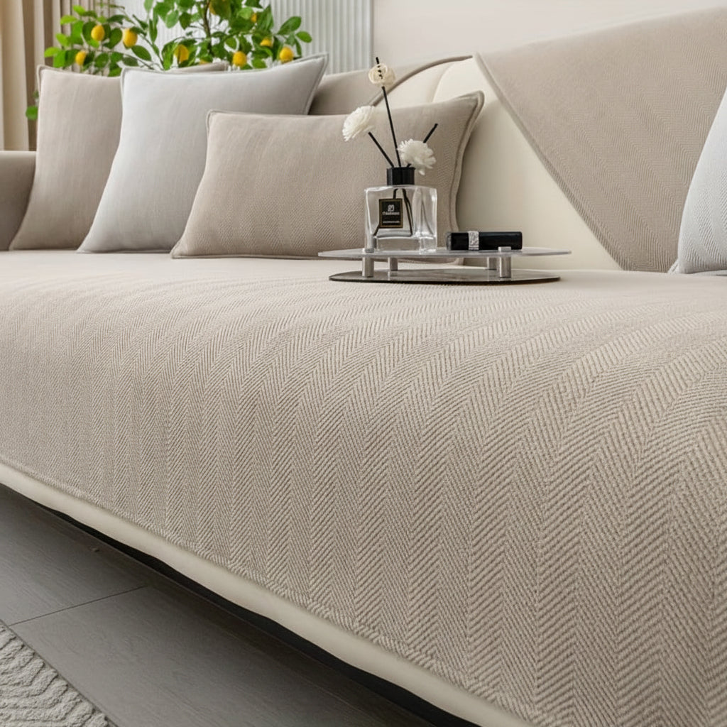 Housse de Canapé Chenille Beige – Extensible, Antidérapante, Lavable