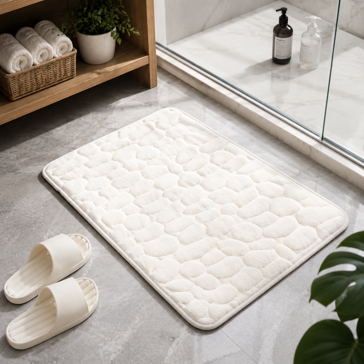 Tapis de Bain Velours Corail Polyester Beige 60x90 cm – Absorbant, Base PVC, Lavable
