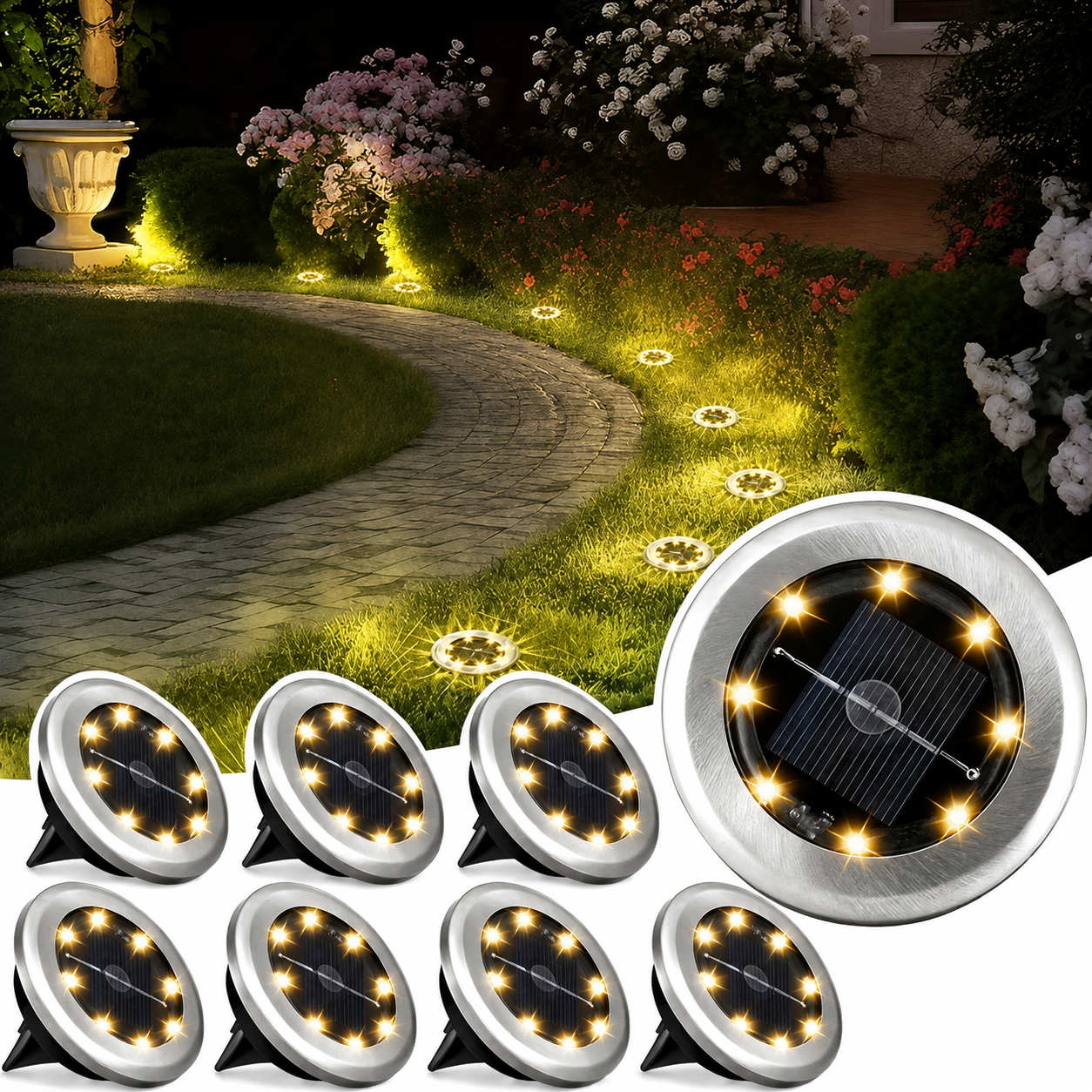Spots Solaires de Sol Acier Inoxydable Ø12 cm – 8 LED, IP65, Recharge Solaire