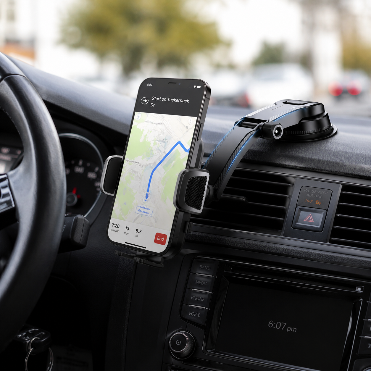 Support Téléphone Voiture Ajustable ABS Noir 15 cm – Tableau de Bord, Rotation 360°, Usage Universel