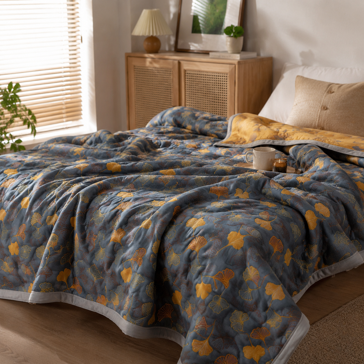 Couette Réversible Motif Feuilles de Ginkgo Jaune et Bleu
