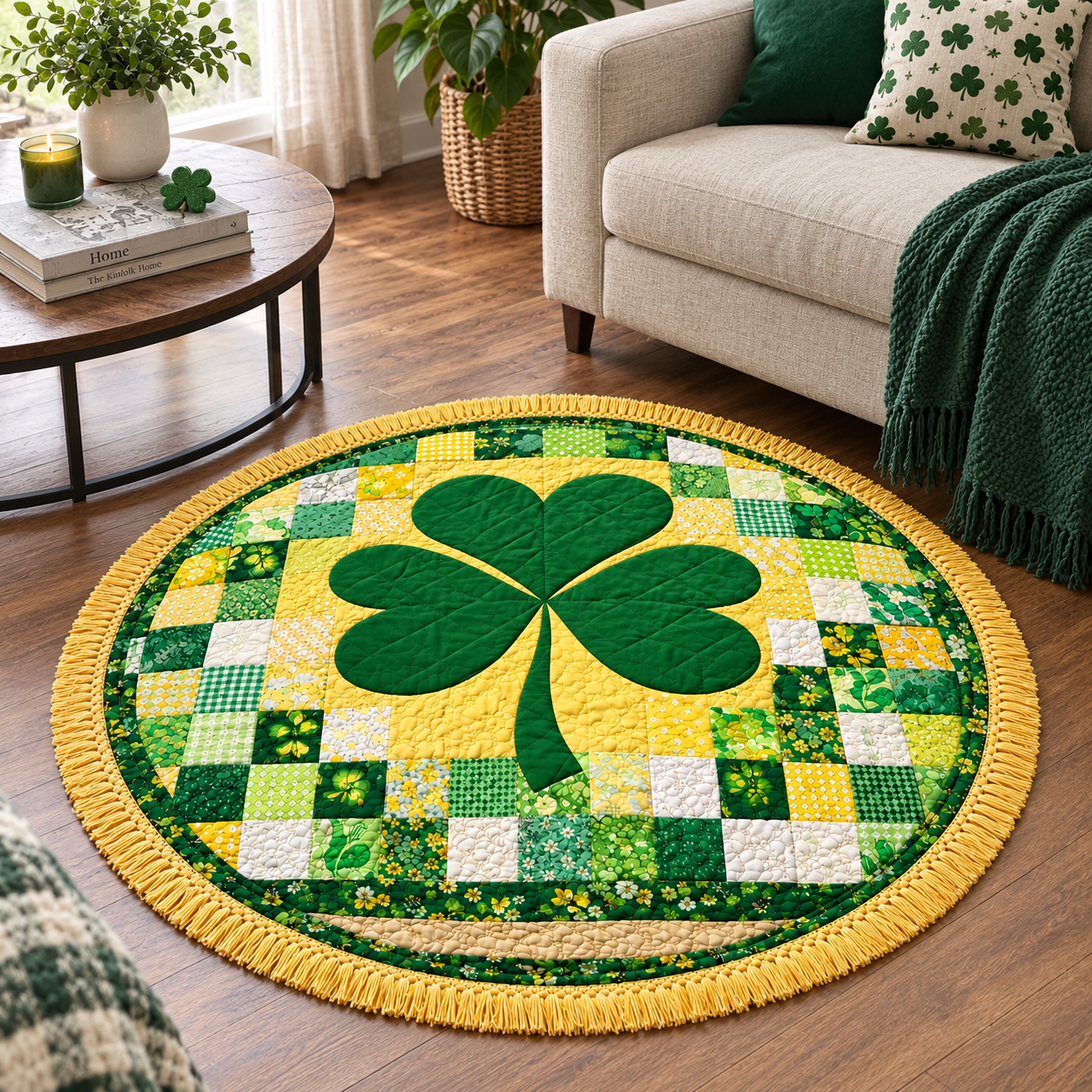 Serviette de Plage Ronde Motif Trèfle Éponge Verte Ø150 cm – Séchage Rapide, Grande Surface, Multiusage