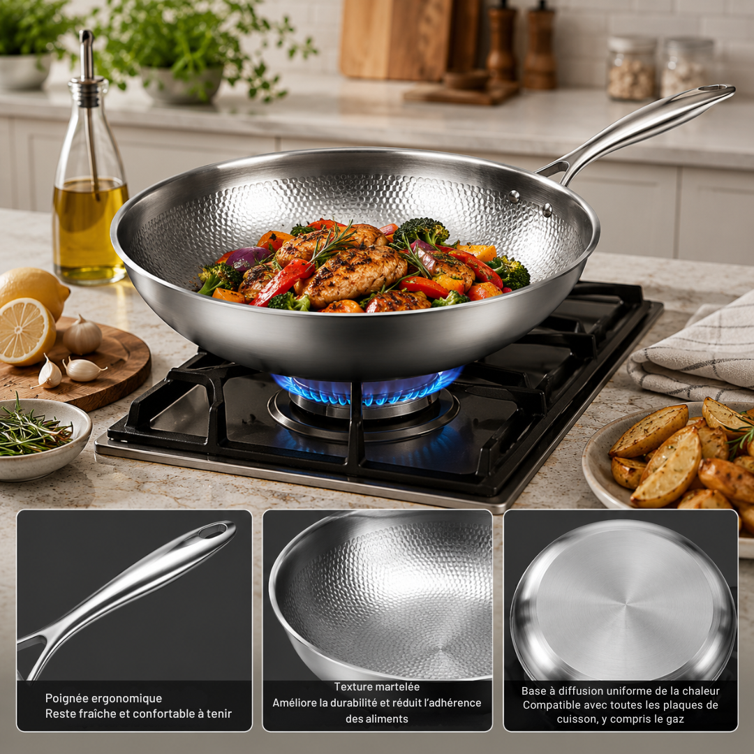 Poêle Wok Titane 32cm – Antiadhésive, Cuisson Saine sans Matière Grasse