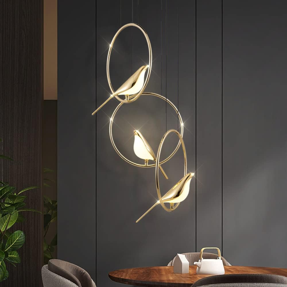 Aurévane – Suspension LED Oiseaux Anneau Doré Salon
