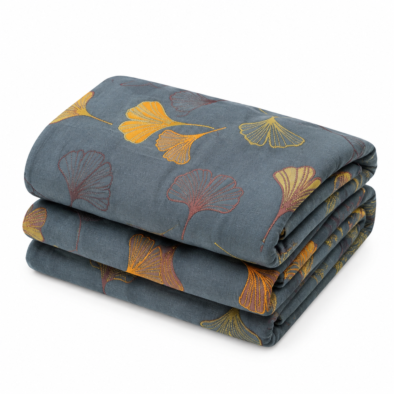 Couette Réversible Motif Feuilles de Ginkgo Jaune et Bleu
