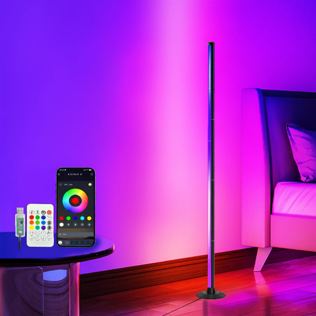 Lampadaire LED RGBIC Aluminium Noir 140 cm – Variateur, Contrôle App, Télécommande