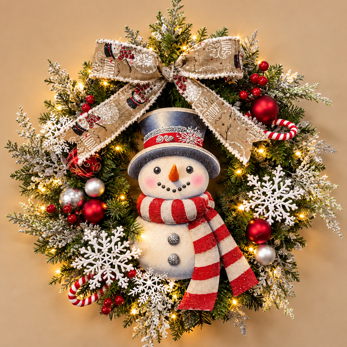 Couronne de Noël Lumineuse avec Bonhomme de Neige pour Porte et Intérieur
