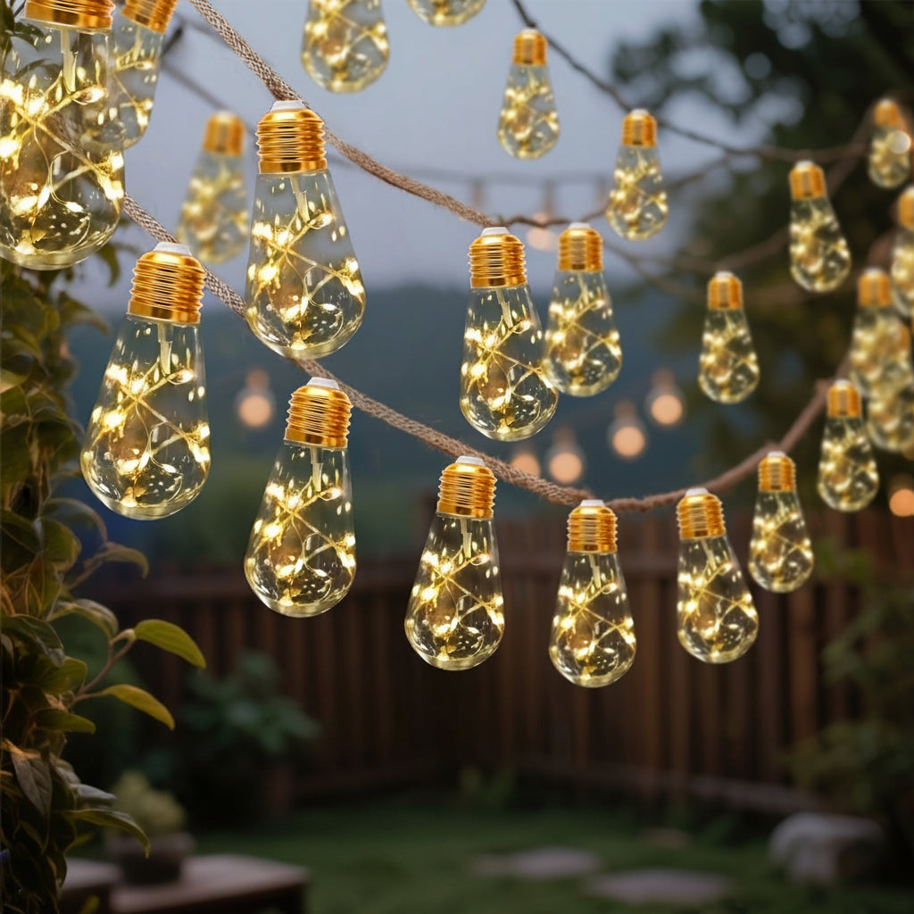 Guirlande Lumineuse Solaire Métal Jaune Ø7,5 m – 8 Modes, Extérieure, Ampoules Décoratives
