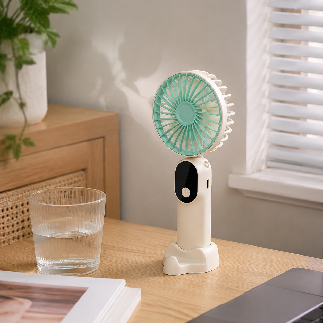 Ventilateur Portable Pliable ABS Blanc 18 cm – 6 Vitesses, Rechargeable USB, Support Intégré