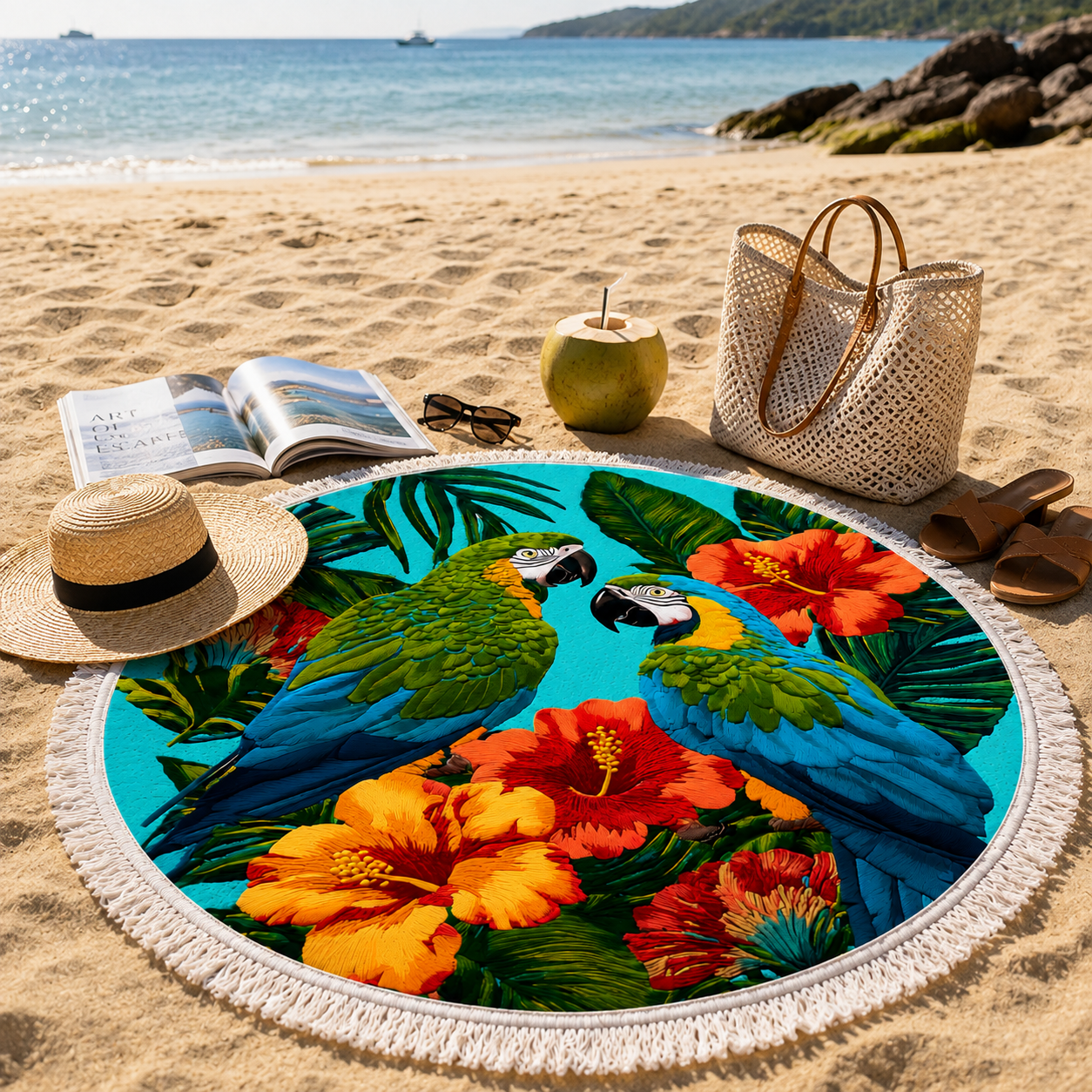 Serviette de Plage Ronde Motif Perroquets Éponge Multicolore Ø150 cm – Séchage Rapide, Grande Surface, Multiusage