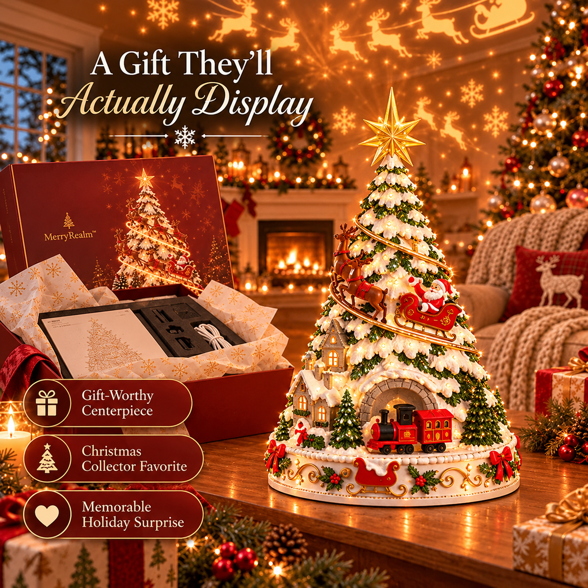 Village de Noël avec train en mouvement et patinoire – Décoration hivernale lumineuse avec LED
