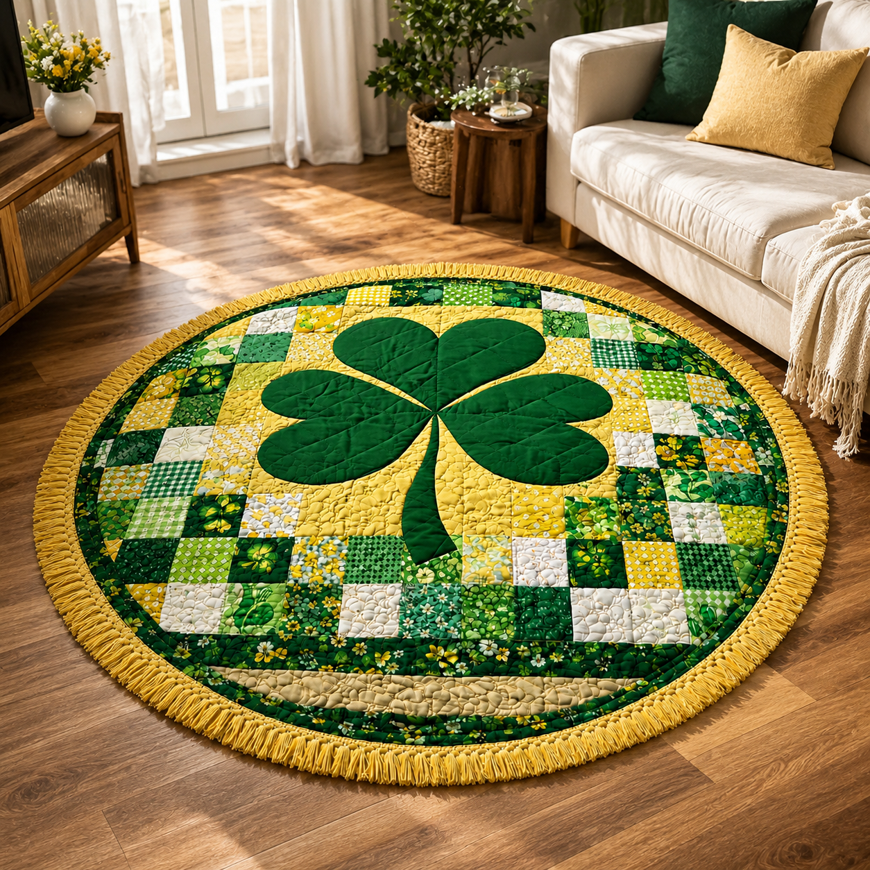 Serviette de Plage Ronde Motif Trèfle Éponge Verte Ø150 cm – Séchage Rapide, Grande Surface, Multiusage