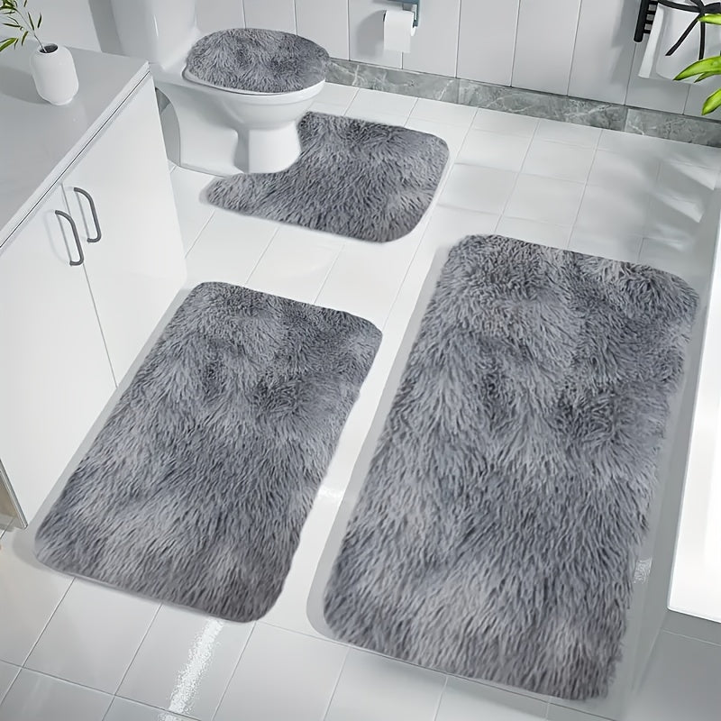 Ensemble Tapis Salle de Bain Fluffy Polyester Gris 4 pièces – Absorbant, Antidérapant, Lavable