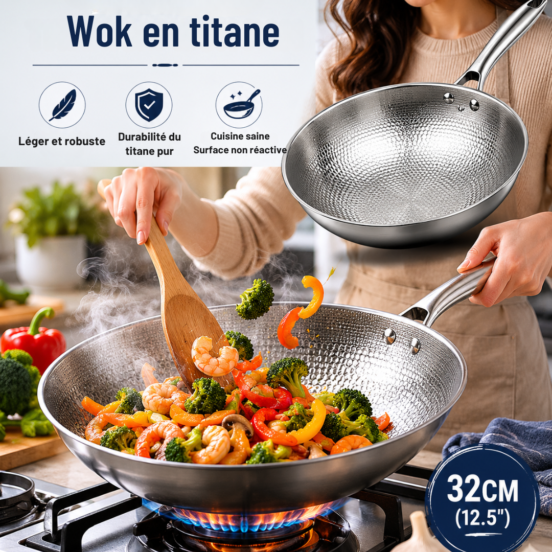 Poêle Wok Titane 32cm – Antiadhésive, Cuisson Saine sans Matière Grasse