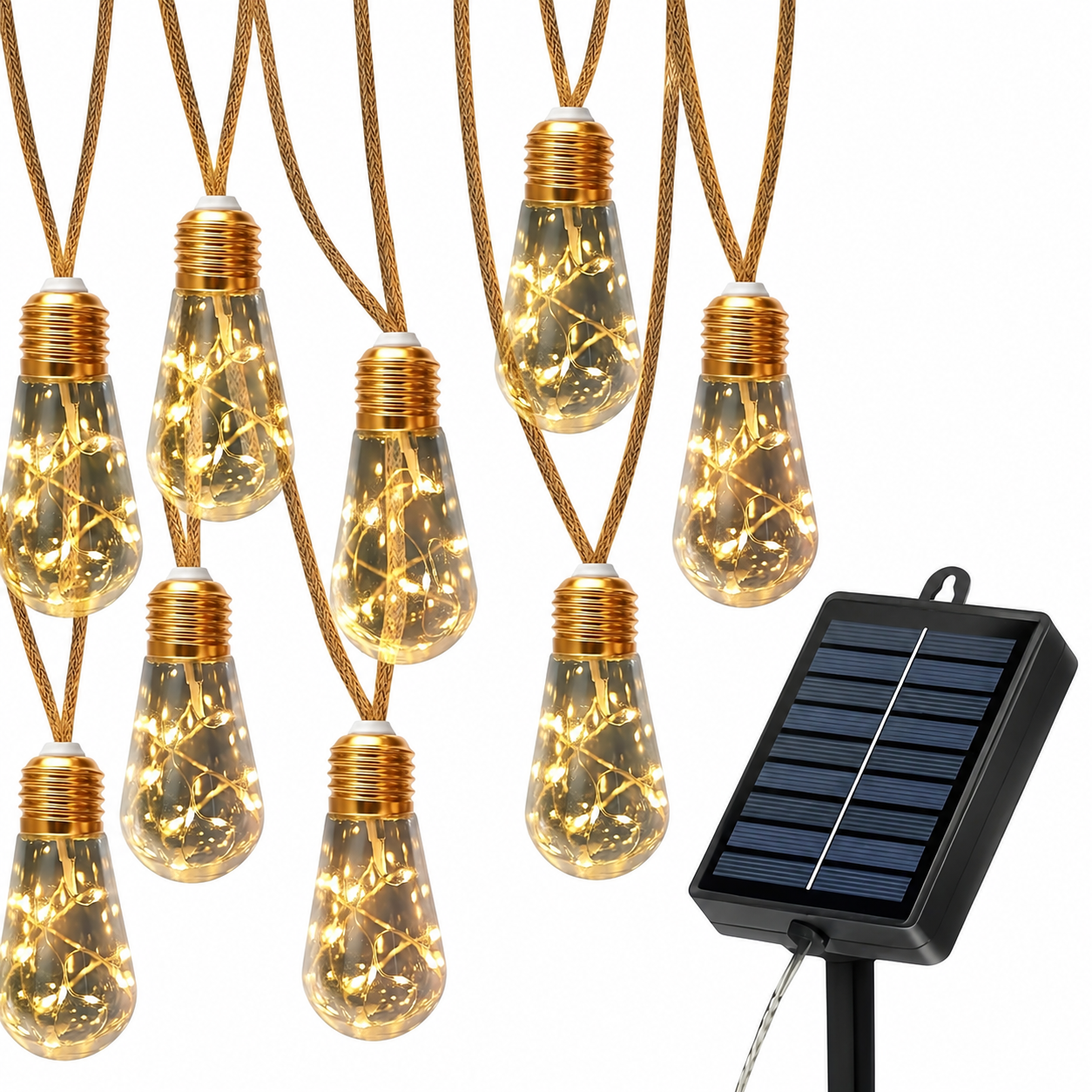 Guirlande Lumineuse Solaire Métal Jaune Ø7,5 m – 8 Modes, Extérieure, Ampoules Décoratives