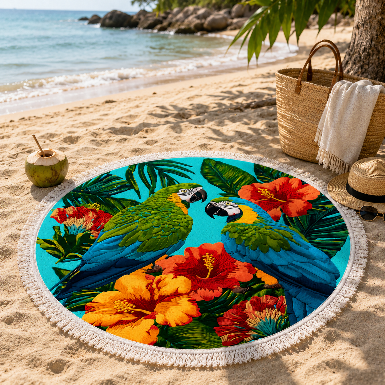 Serviette de Plage Ronde Motif Perroquets Éponge Multicolore Ø150 cm – Séchage Rapide, Grande Surface, Multiusage