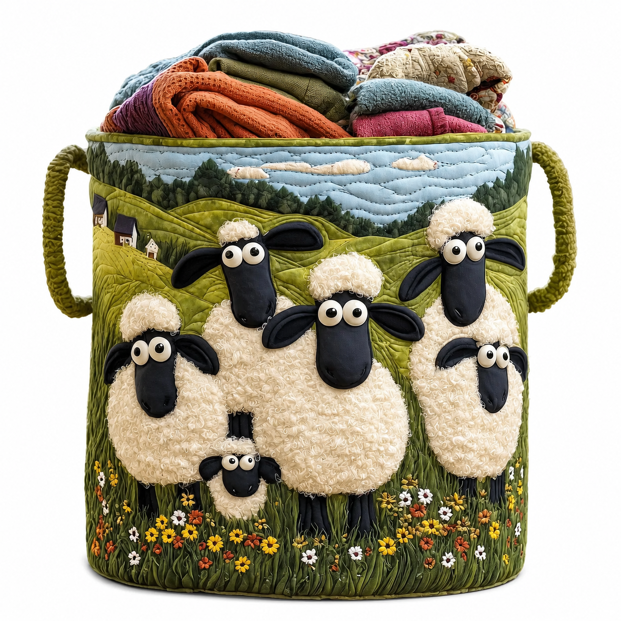 Panier de Rangement Matelassé Coton Écru 46 × 38 cm – Grande Capacité, Poignées Renforcées, Motif Appliqué