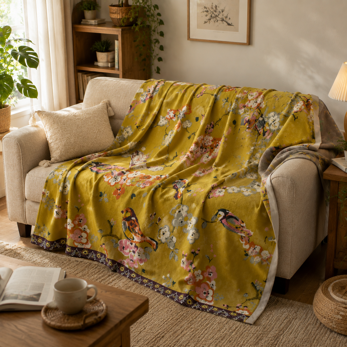 Couverture en Coton Motif Floral avec Oiseaux