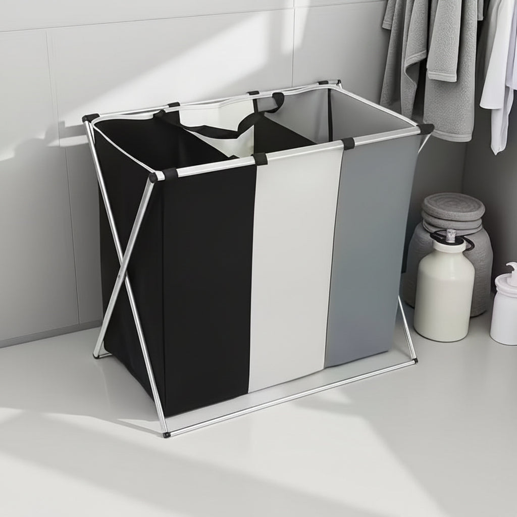 Panier à Linge Aluminium Blanc Gris Noir 3 Compartiments – Pliable, Tri Séparé, Organisation Facile