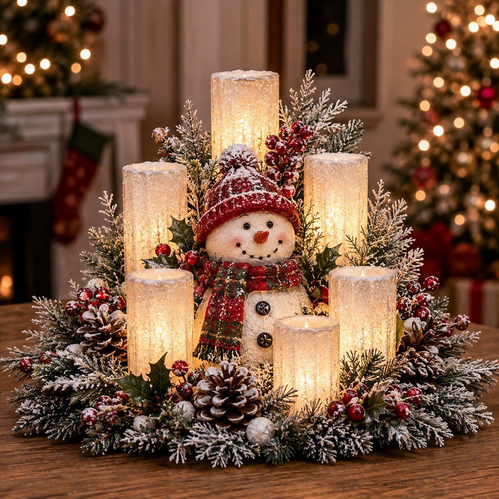 Décoration de Noël Lumineuse avec Bougie LED et Feuillage