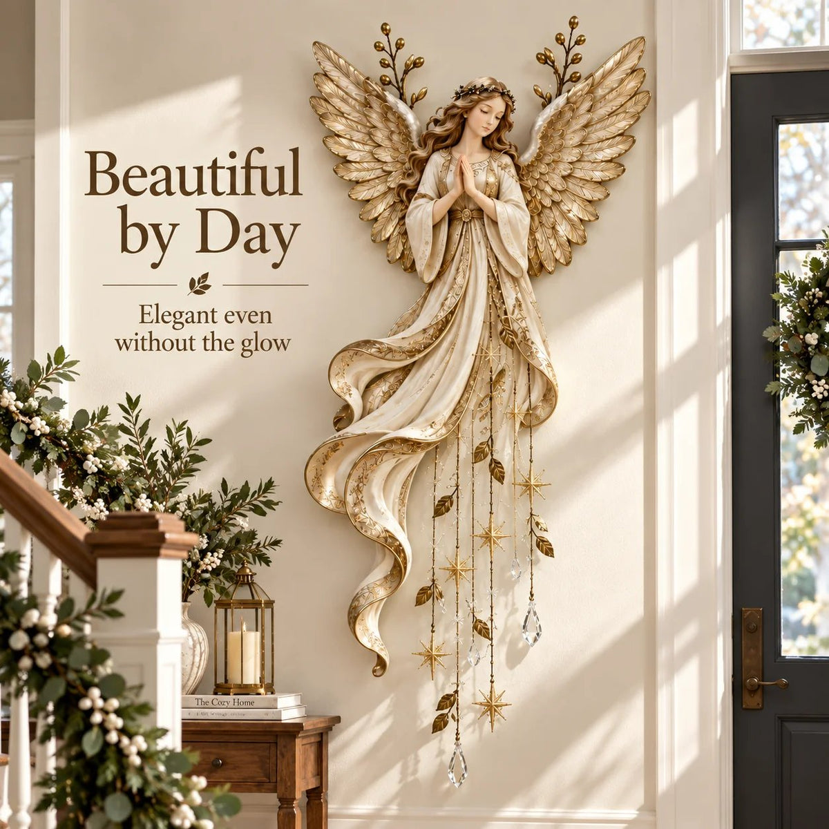 Applique Ange Gardien pluie d’étoiles – Ange lumineux aux ailes dorées