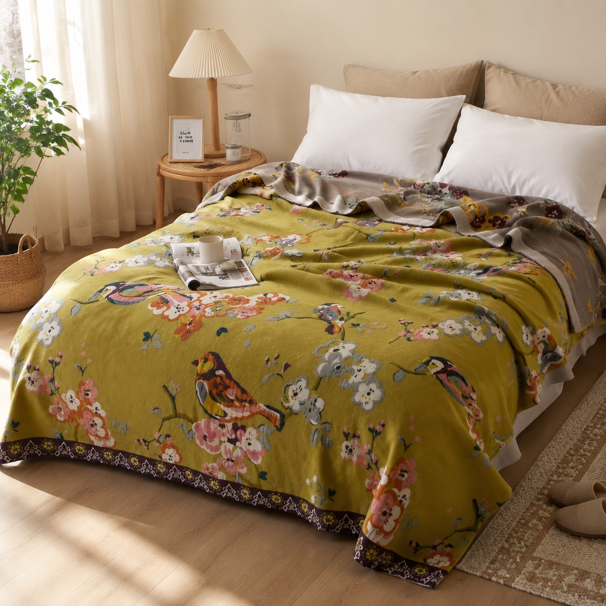 Couverture en Coton Motif Floral avec Oiseaux