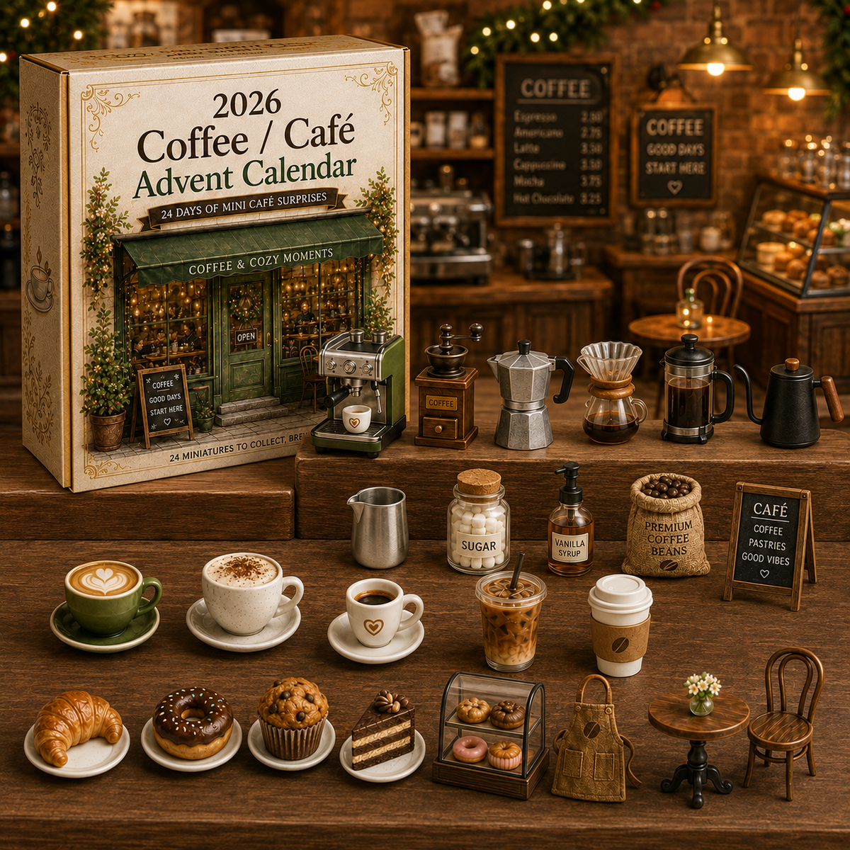 Calendrier de l'Avent Original 2026 Cosy Café – 24 Surprises Miniatures pour Amateurs de Café 2