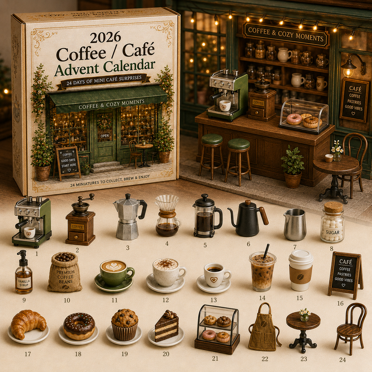 Calendrier de l'Avent Original 2026 Cosy Café – 24 Surprises Miniatures pour Amateurs de Café 4