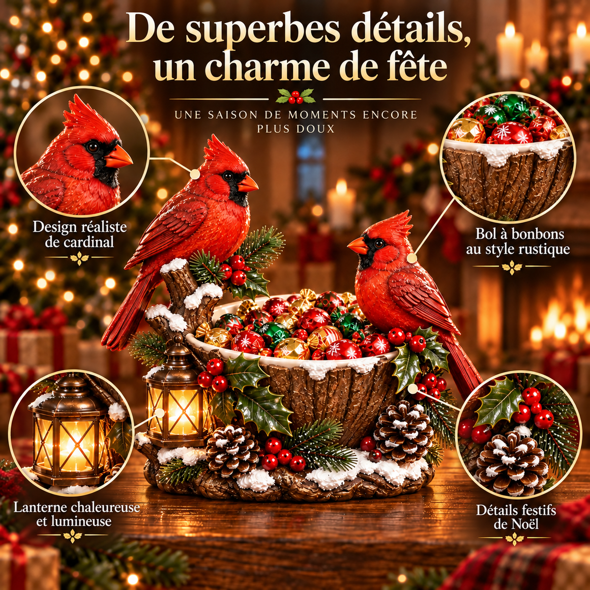 Bol à Friandises de Noël avec Cardinaux et Lanterne