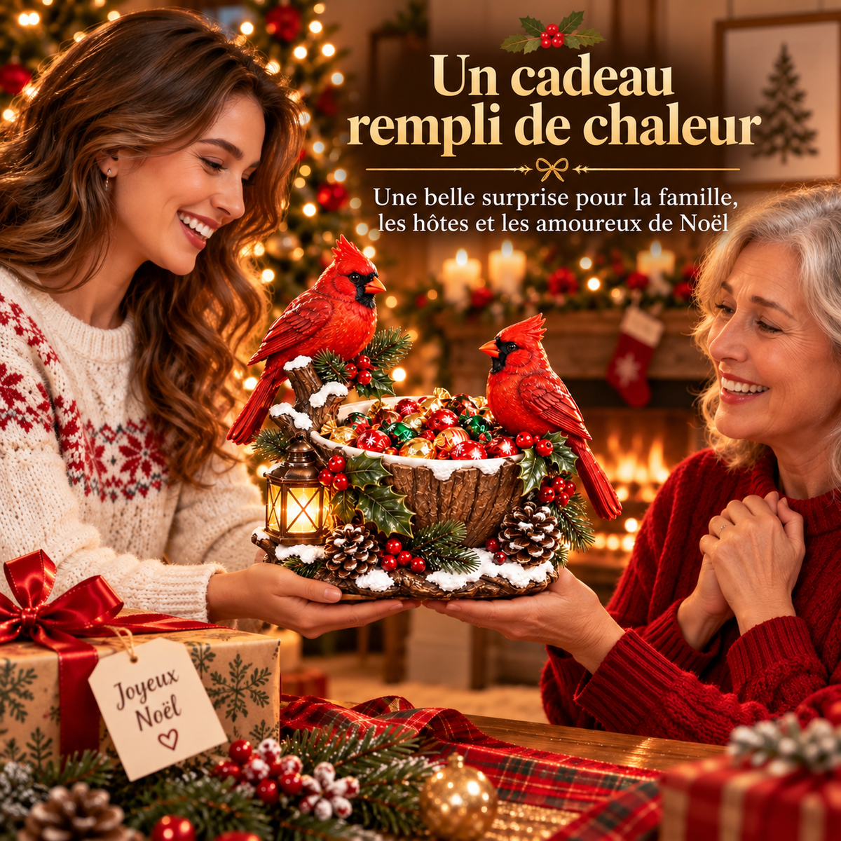 Bol à Friandises de Noël avec Cardinaux et Lanterne